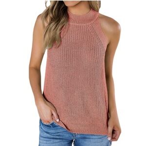 Sleeveless Knit Tank with Halter Style Neck in Deep Peach Size L